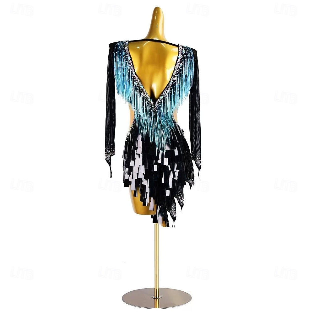 Robe de danse latine pour femme, bleu glacier, noir, franges, strass, manches longues, costume de performance pour compétition de cha cha rumba samba de 2025 ? $316.99 –P3