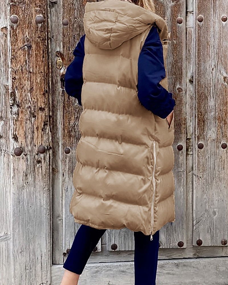 Women's Winter Coat Down Jacket Vest Warm Comfortable Pocket Buttons Casual Plain Vacation Daily Wear Going out Weekend Long Hooded Regular Fit Sleeveless Outerwear Black Wine Khaki Fall Winter 2025 - $54.99 –P6