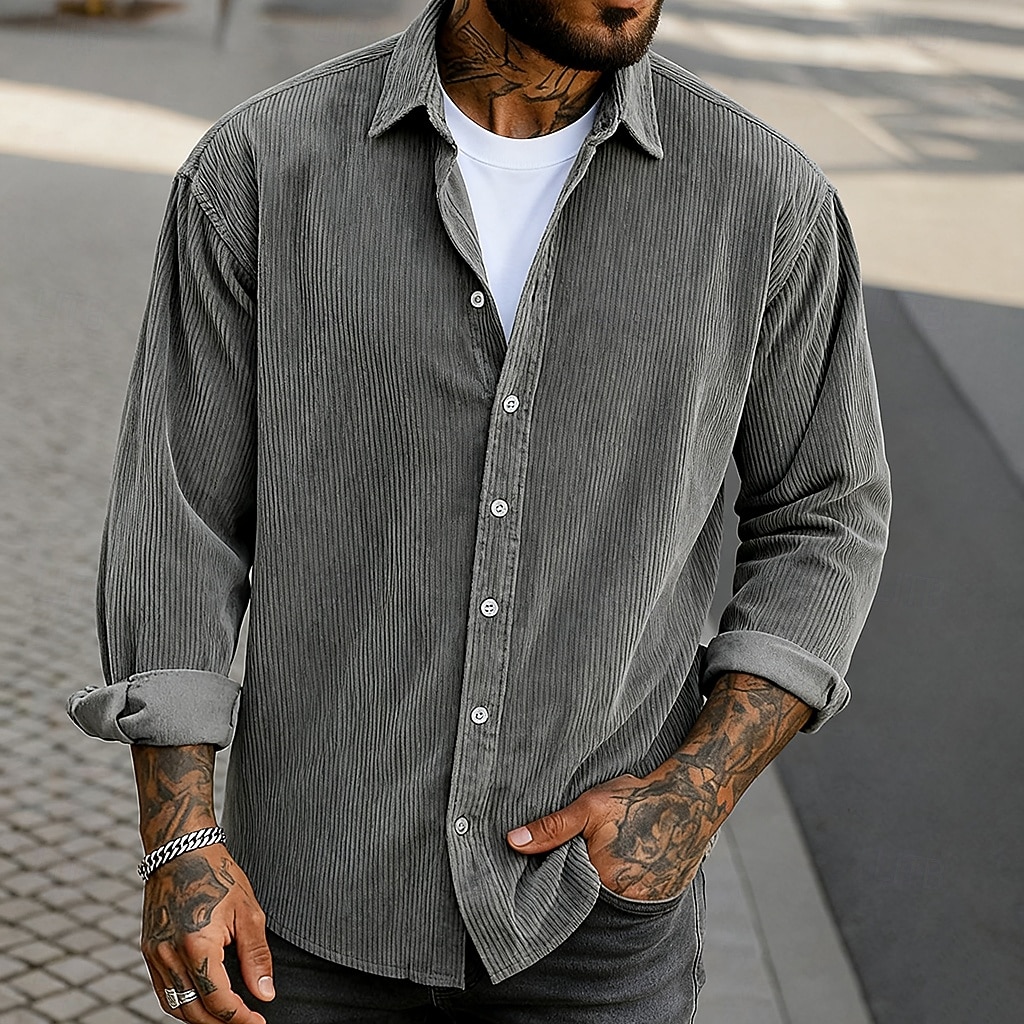 Per uomo Camicia Camicia casual Camicia di Velluto a Coste Camicia con Bottoni Nero Kaki Verde militare Grigio Manica Lunga Tinta unica Collo ripiegato Casuale All'aperto Caldo Abbigliamento Vintage del 2026 a $13.69 –P1