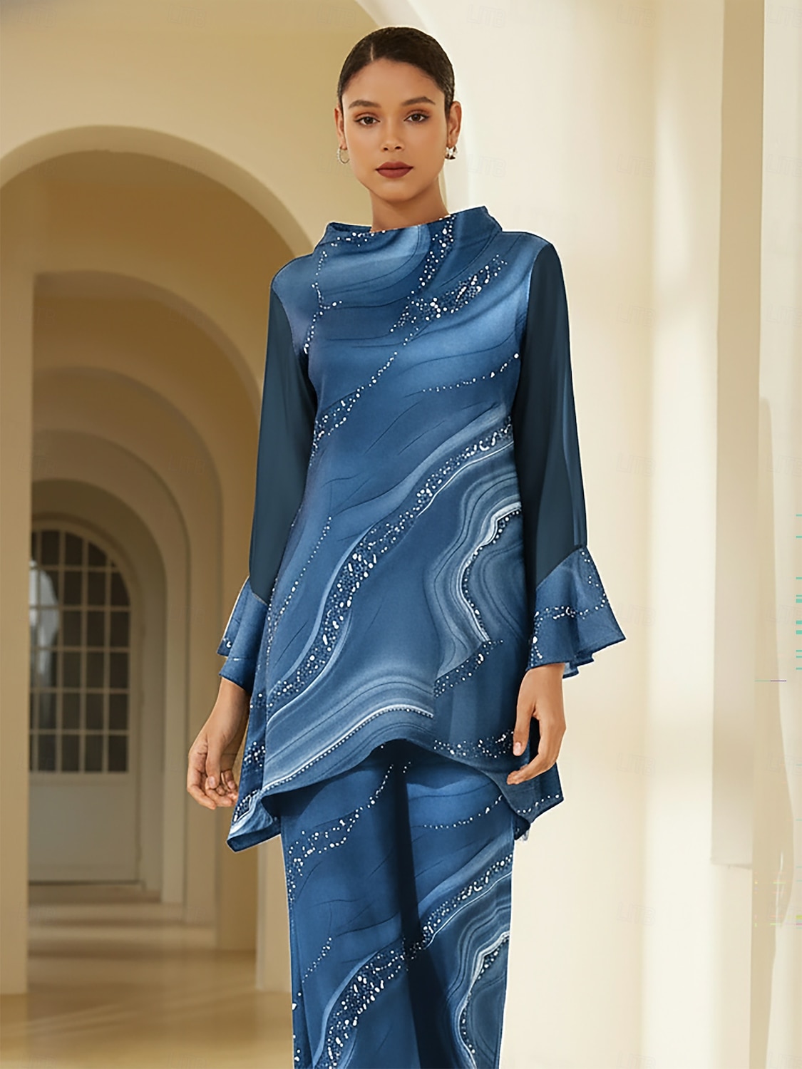 Blusa feminina azul estampa floral chiffon elástico mangas decote barco casual confortável primavera verão outono férias de 2026 por $67.99 –P1