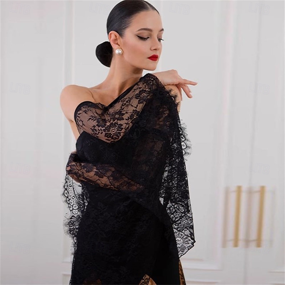 Women's Ballroom Dance Dress Black Lace Patchwork Mesh Asymmetric Shoulder Elegant Tango Rumba Competition Performance Gown 2026 - $484.19 –P7