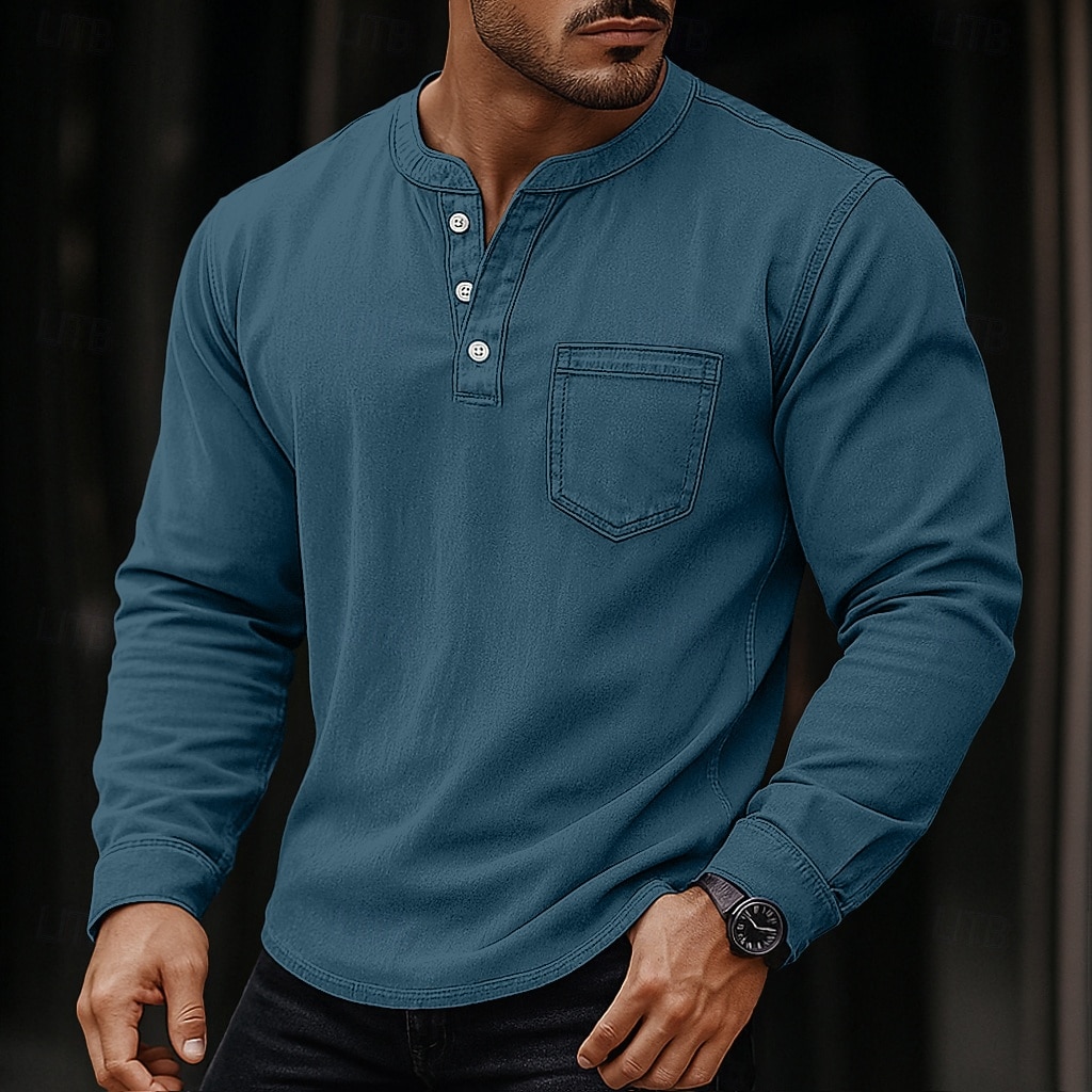 SoftFade™ Мужская футболка Henley длинный рукав Henley весна осень винтаж ретро винтажная повседневная винтажного стиля выцветшая стиранная повседневная голубой черный темно-синий топ футболка для 2026 - $35.99 –P4