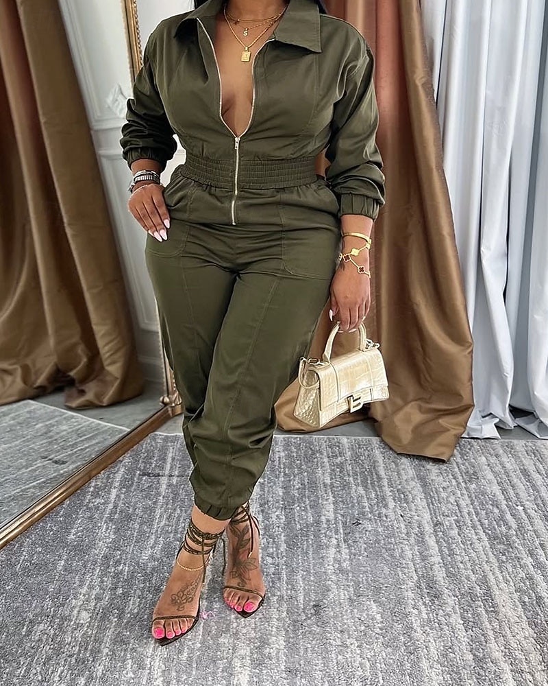 Γυναικεία Φόρμες Ενεργό Συμπαγές Χρώμα Μακρυμάνικο Παντελόνια με τσέπες Κολάρο Πουκαμίσου Φερμουάρ Τσέπη Διακοπές Καθημερινά Κανονικό Μαύρο Πράσινο Χακί Θαλασσί Φθινόπωρο 2026 - $47.99 –P5
