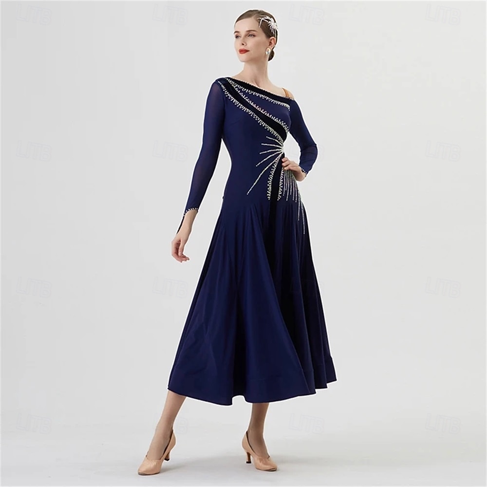 abito da ballo da sala da donna, elegante abito da competizione per tango, valzer, foxtrot, con spalline asimmetriche e strass – blu navy del 2026 a $309.19 –P2