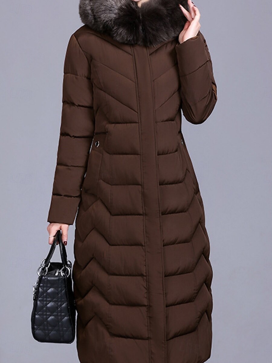 Dam Anorak Bekväm Andningsfunktion Dragkedja Ficka Knappar Pälskrage Ledigt Slät Semester Gata Ledigt Dagliga kläder Dragkedja Lång Huva Normal Långärmad Ytterkläder Svart Vin Rubinrött Vår Höst 2025 - $71.99 –P12