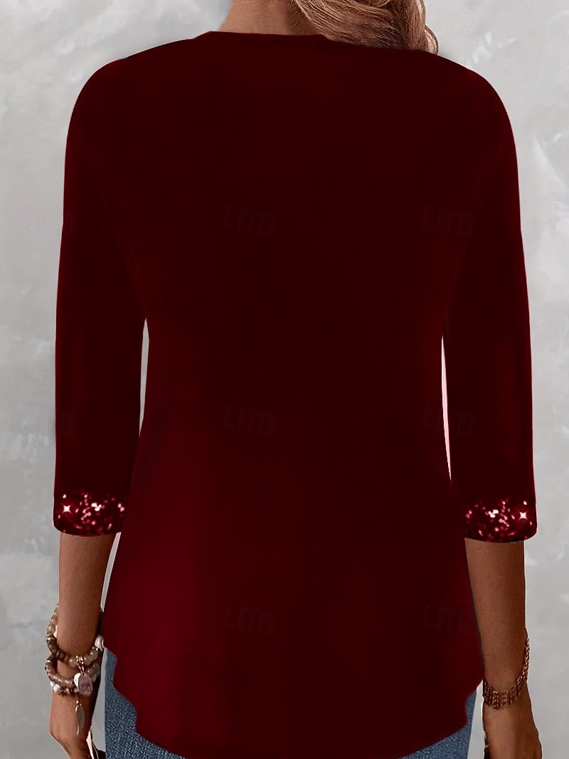 Kerstmis Vrouwen Blouse Effen Kleur Elegant Stijlvol Basis Lange Mouwen Vierkante Hals Standaard Tops Dagelijks Sequins Patchwork Zwart Wijn Paars Groen Lente Herfst Winter 2025 - $36.99 –P3