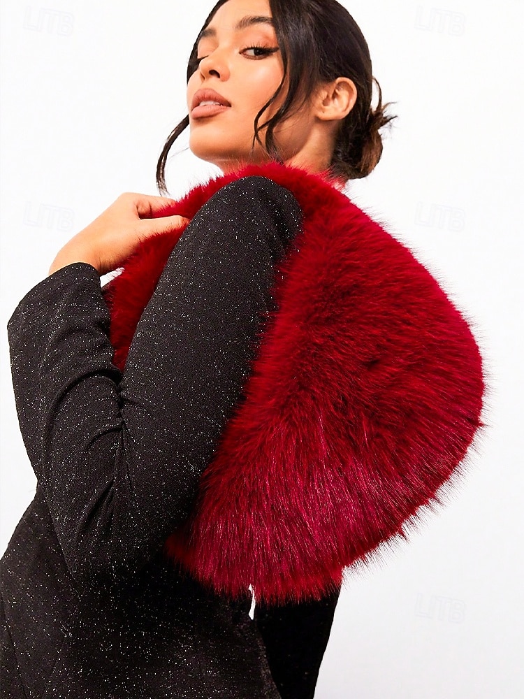 Damaxelväska i fuskpäls, mjukt plyschmaterial, elegant luffarmodell för julfester, finns i flera färger 2025 - $18.99 –P2