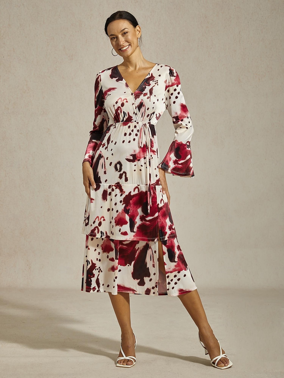 abito lungo da donna bordeaux manica lunga scollo a V elegante casual vacanza quotidiano primavera autunno del 2026 a $102.99 –P3