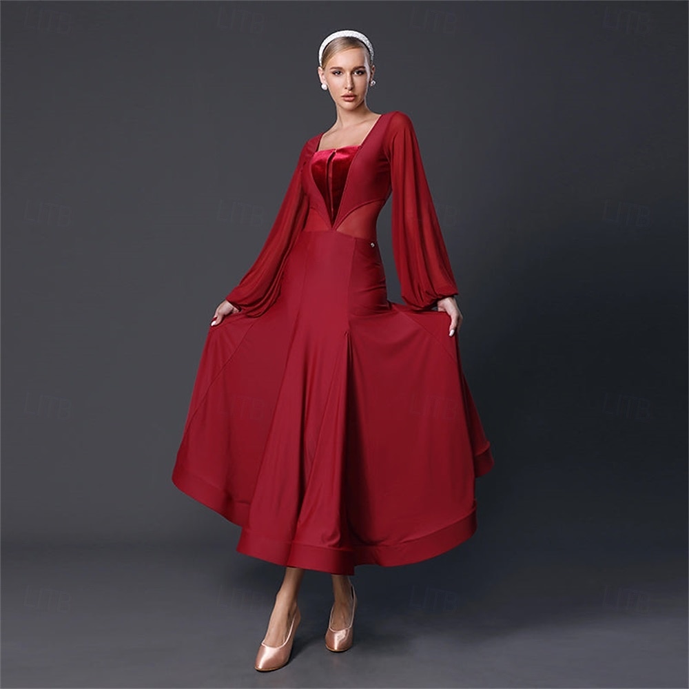 abito da ballo da sala da donna in chiffon nero a maniche lunghe, elegante abito da competizione per valzer, tango, foxtrot del 2026 a $327.09 –P4