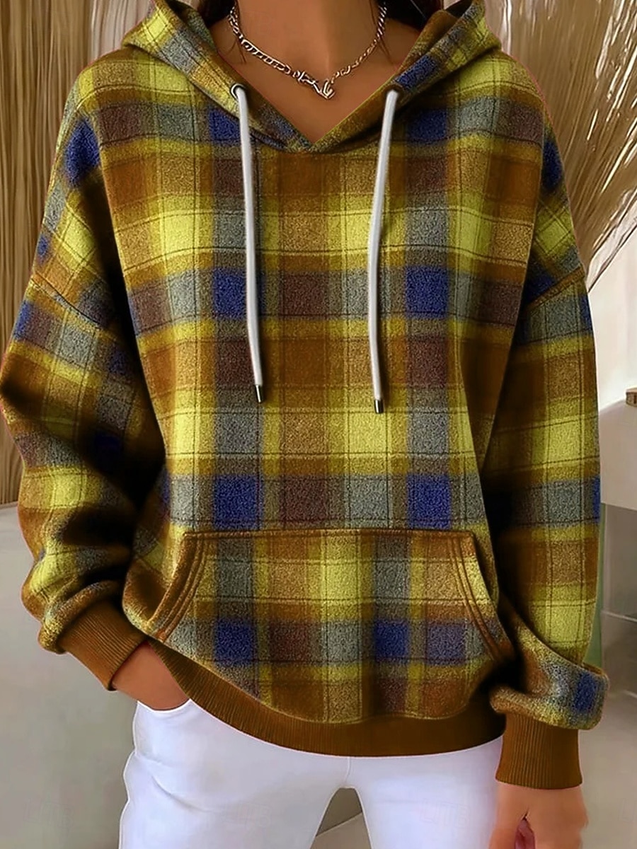 Mujer Sudadera con capucha Pullover Estampado Bolsillo delantero Graphic Geométrico Plaid Cálido Vintage Casual Manga Larga Con Capucha Tops regulares Casual Calle Uso Diario Azul Piscina Amarillo 2026 - $28.99 –P5