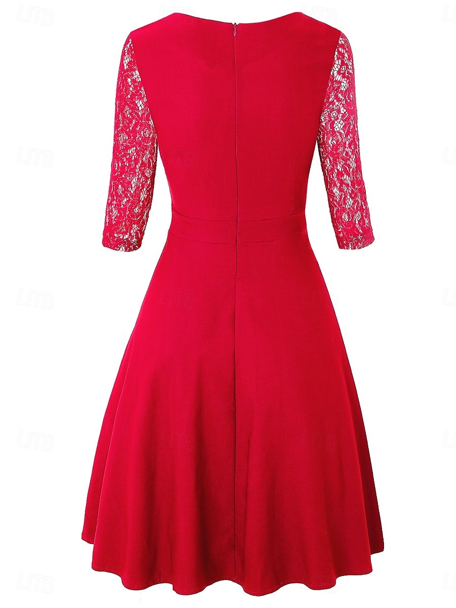 Women's Mini Dress A Line Dress Elegant Party Cocktail Outdoor Party Wedding Lace Patchwork Regular Fit Solid Color 3/4 Length Sleeve Square Neck Pink Wine Red 2026 - BHD 17.02 –P8