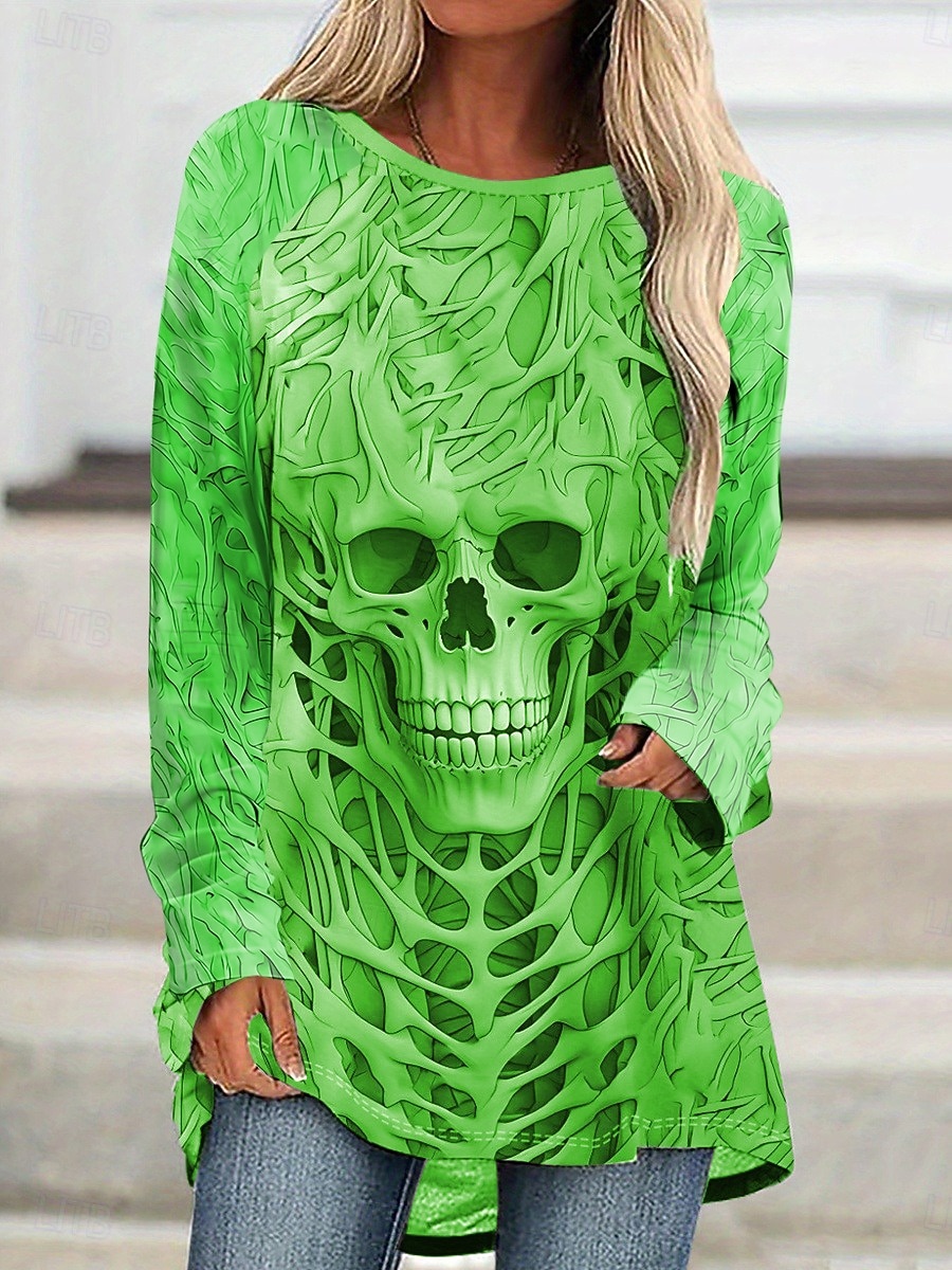 Camiseta de Halloween para mujer calaveras gráfica vintage estilosa casual de manga larga cuello redondo tops largos impresión diaria negro gris primavera otoño 2026 - $26.99 –P6