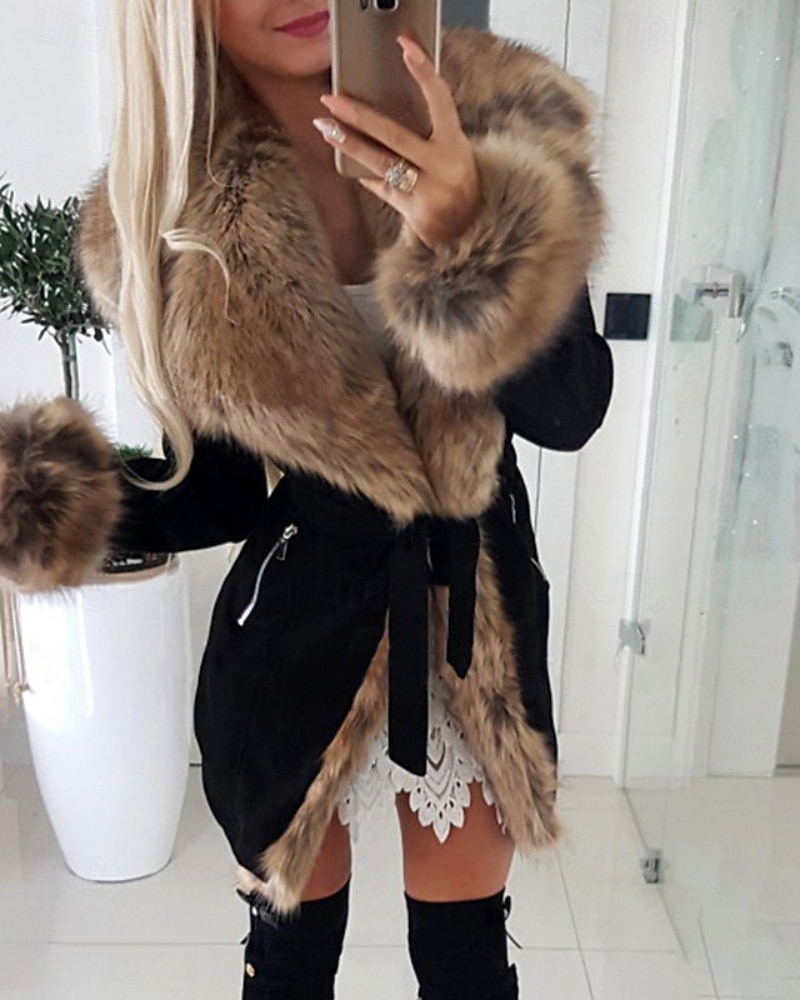 Femmes Manteau d'Hiver Manteau Manteau en Fausse Fourrure Chaud Confortable Patchwork Occasionnel Uni Extérieur Vacances Sortir Week-end Long Col Rabattu Mince manche longue Vêtements d'extérieur de 2025 ? $51.99 –P1