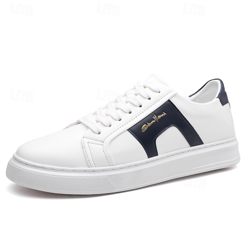 Zapatillas casuales de piel sintética blanca para hombre con panel de acento marrón y diseño con cordones, zapatos de calle cómodos para atuendos urbanos y deportivos diarios. 2026 - $46.99 –P4