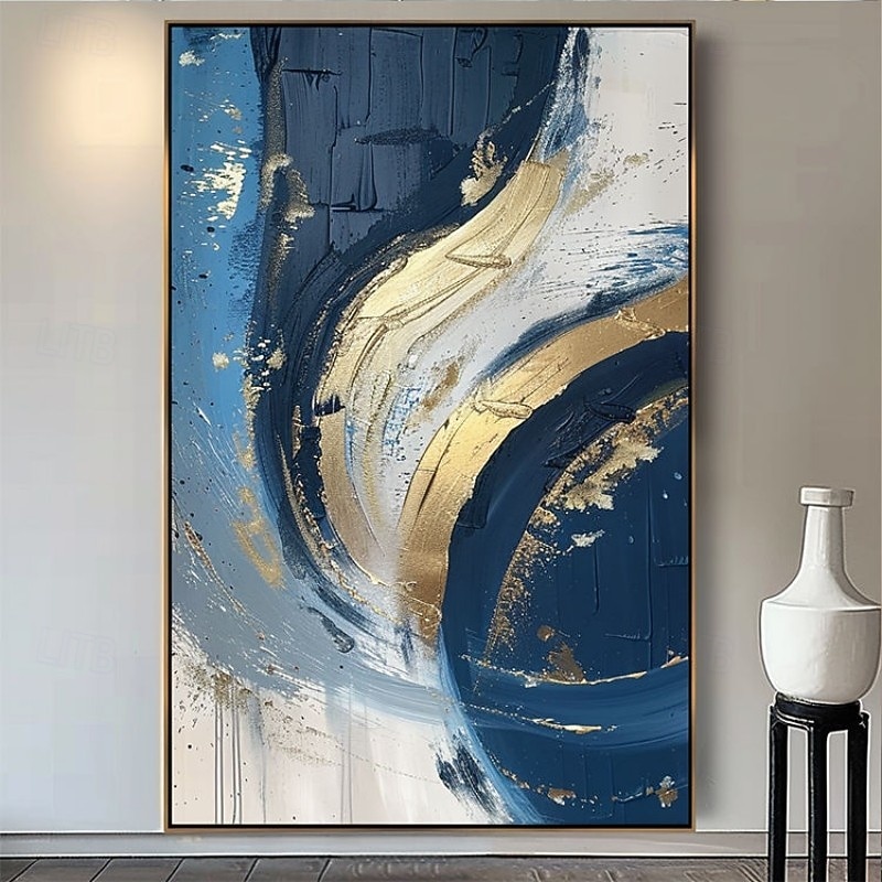dipinto a olio fatto a mano su tela, decorazione artistica da parete astratta blu dorato per la casa, soggiorno, camera da letto, decorazione con cornice allungata, dipinto appeso/dipinto arrotolato del 2026 a $47.99 –P4