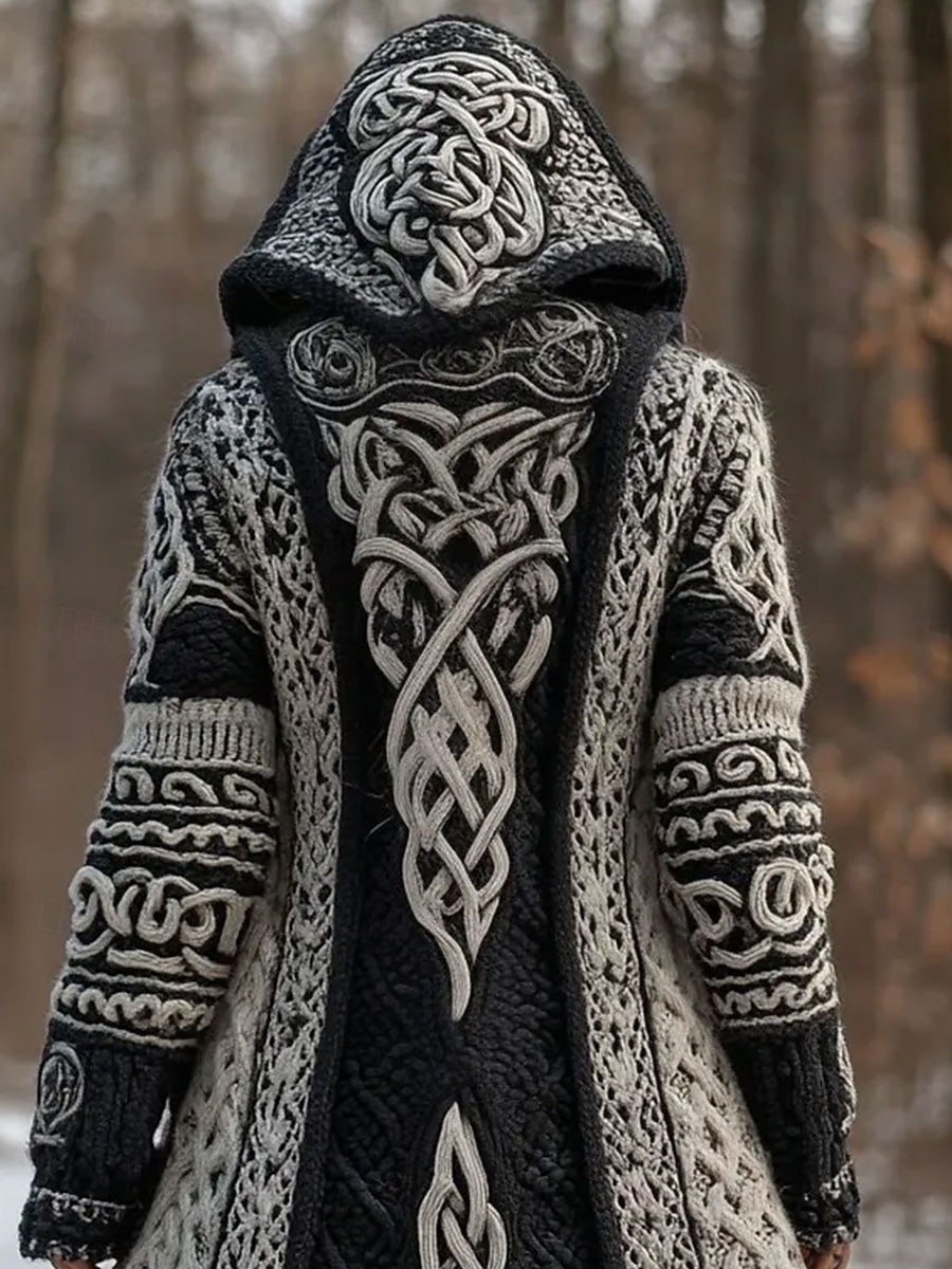 Dam Kofta Dagligen Ledigt Grafisk Geometrisk Ribbad Huva Lappverk Ficka Knappar Långärmad Långa toppar Sticka Utomhus Helgen Svart Höst Vinter 2025 - $52.99 –P2