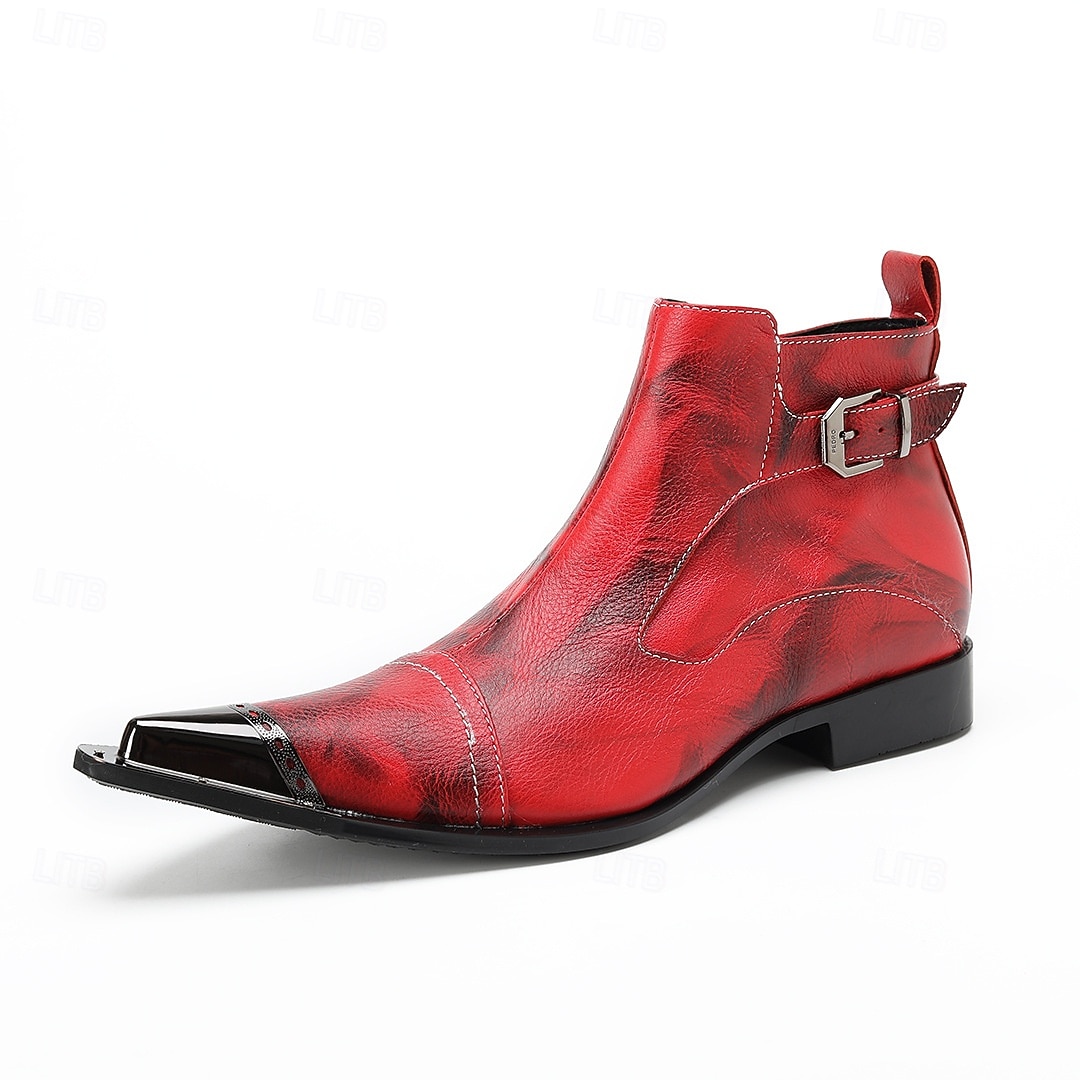 Men's Red Leather Boots with Buckle Detail and Pointed Toe – Perfect for Christmas Gatherings and Festive Events 2025 - $149.99 –P2
