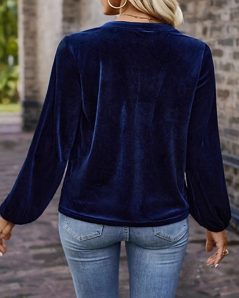 Dam Sammet Elegant Blus Knappar Ensfärgat Slät Elegant Stylish Ledigt Långärmad V-hals Vanliga toppar Dagligen Helgdag Utekväll Blå Brun Vår Höst 2026 - $32.99 –P2