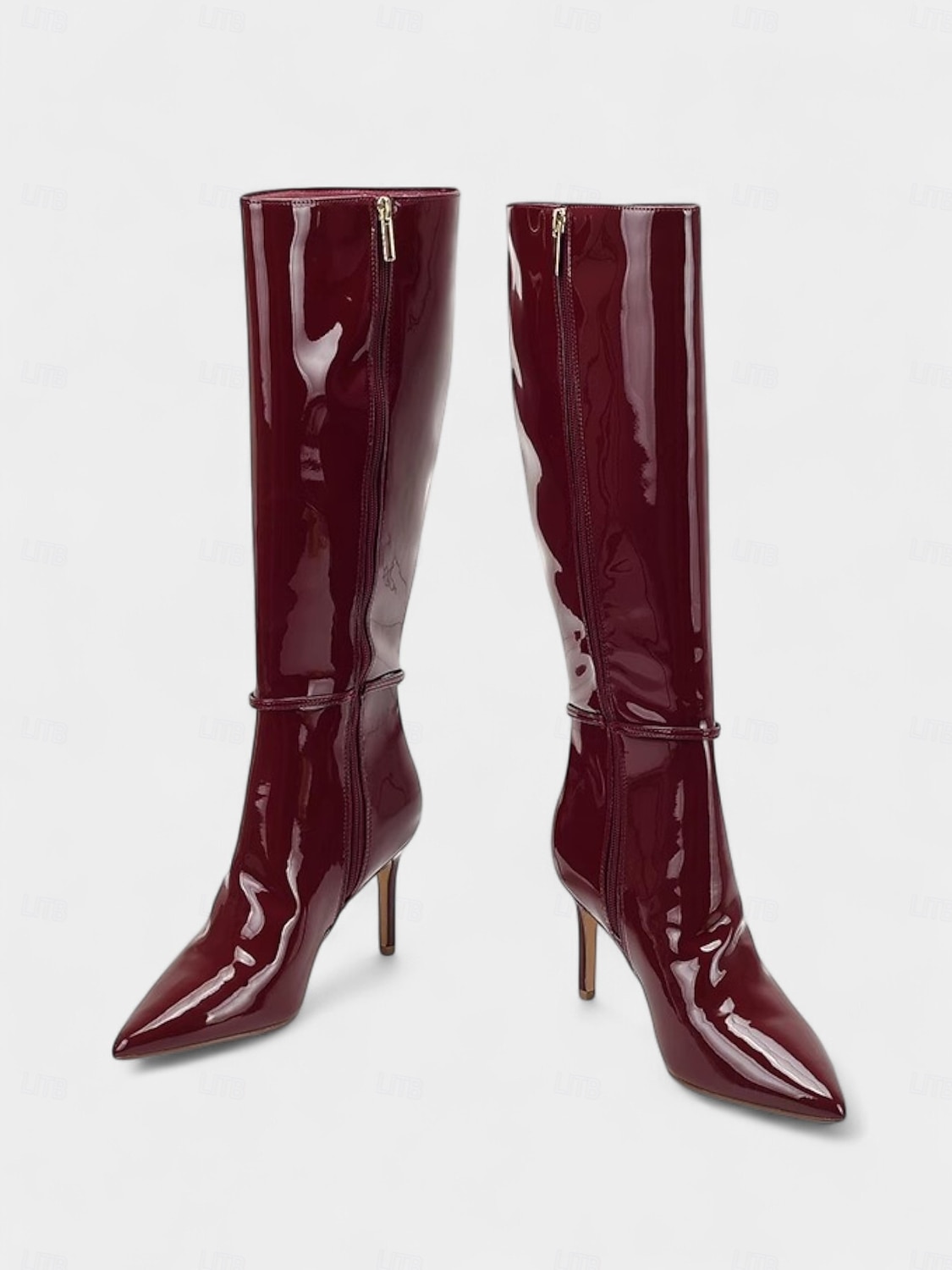 Dámské vínové lakované kozačky z imitace kůže se zlatou přezkou, špičatou špičkou a stylovým jehlovým podpatkem, ideální na Vánoce, vánoční večírky a slavnostní příležitosti. 2026 - $69.99 –P3