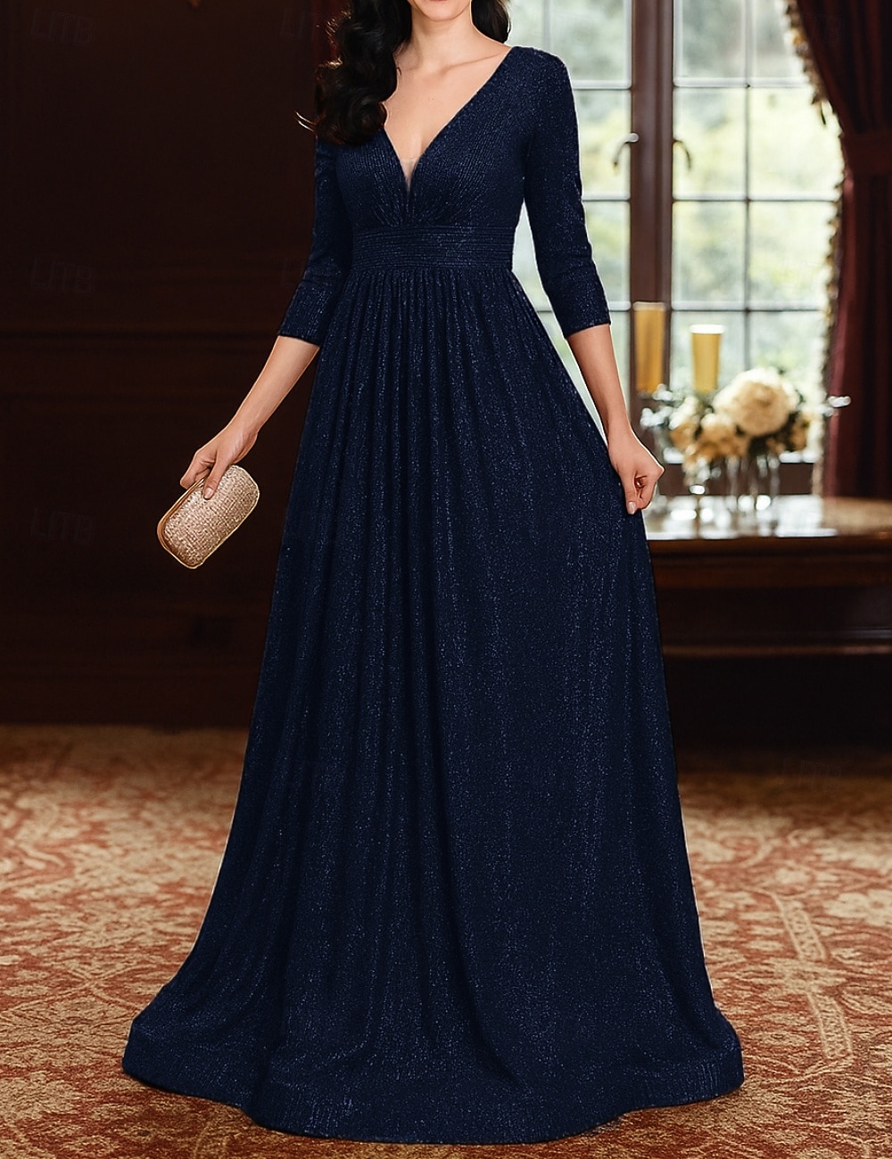 2026年 Ａライン フロア丈 ウェディングゲストドレス フォーマルドレス イブニングガウン マダムドS 七分袖 Ｖネック エレガント パーティー 豪華 祝日 カクテルパーティー フォーマルイブニング チュール 〜と プリーツ スパンコール  コレクション – $98.99 –P5