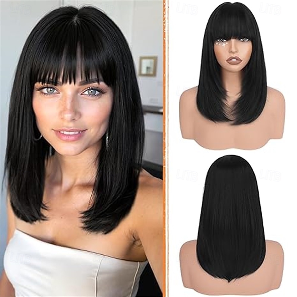 Парики из светлых волос боб с челкой, длиной до плеч, прямые, естественно выглядящие, синтетические, термостойкие, средние, для женщин, на каждый день, для вечеринок, 16 дюймов, платиновый блонд 2026 - $21.99 –P8