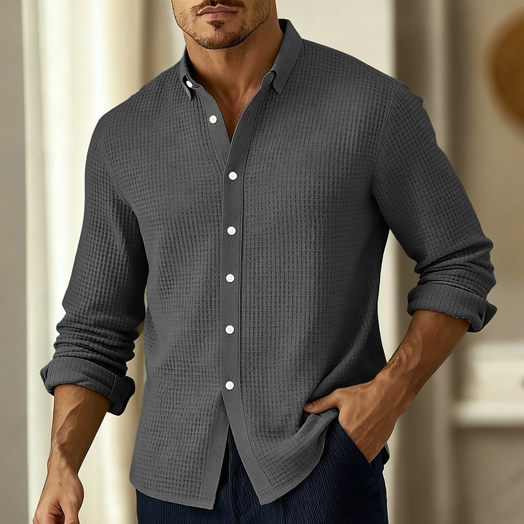 Men's Shirt Waffle Shirt Casual Shirt Button Up Shirt Black Wine Navy Blue Green Long Sleeve Plain Lapel Casual Daily Clothing Apparel Fashion Streetwear Casual 2026 - $25.99 –P4