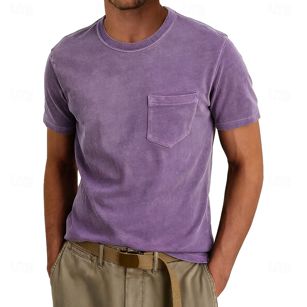 Herr T-shirt Tvätta skjorta i 100 % bomull Kortärmad Rund hals Sommar Vår Alla årstider Ensfärgat Elegant Vintage Neutral Ficka Crewneck Urblekt Ledigt Hem Utomhus Ljusblå Aprikos Svart Topp t-shirt 2026 - $20.99 –P6