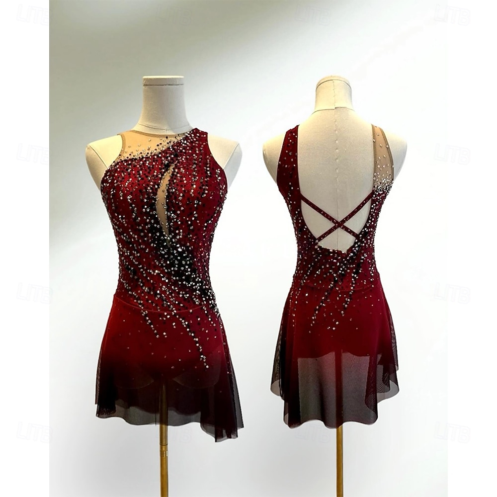 Rochie de Patinaj Artistic Pentru femei Fete Πατινάζ στο πάγο Rochii Negru / Roșu Peteci Tiv Asimetric Spandex Plasă Înaltă Elasticitate Antrenament Competiție Ținută Patinaj Clasic Cristale 2026 - $326.79 –P1