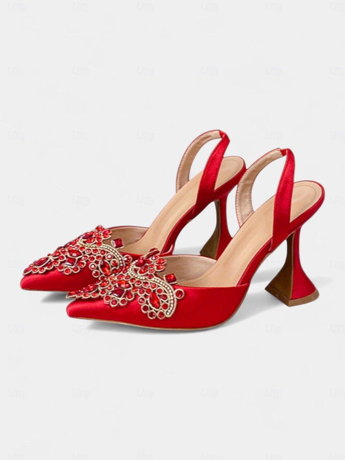 damskie złote zdobione szpilki typu slingback z kryształkami na koktajlowe przyjęcie &wydarzenia formalne 2026 - $46.99 –P8