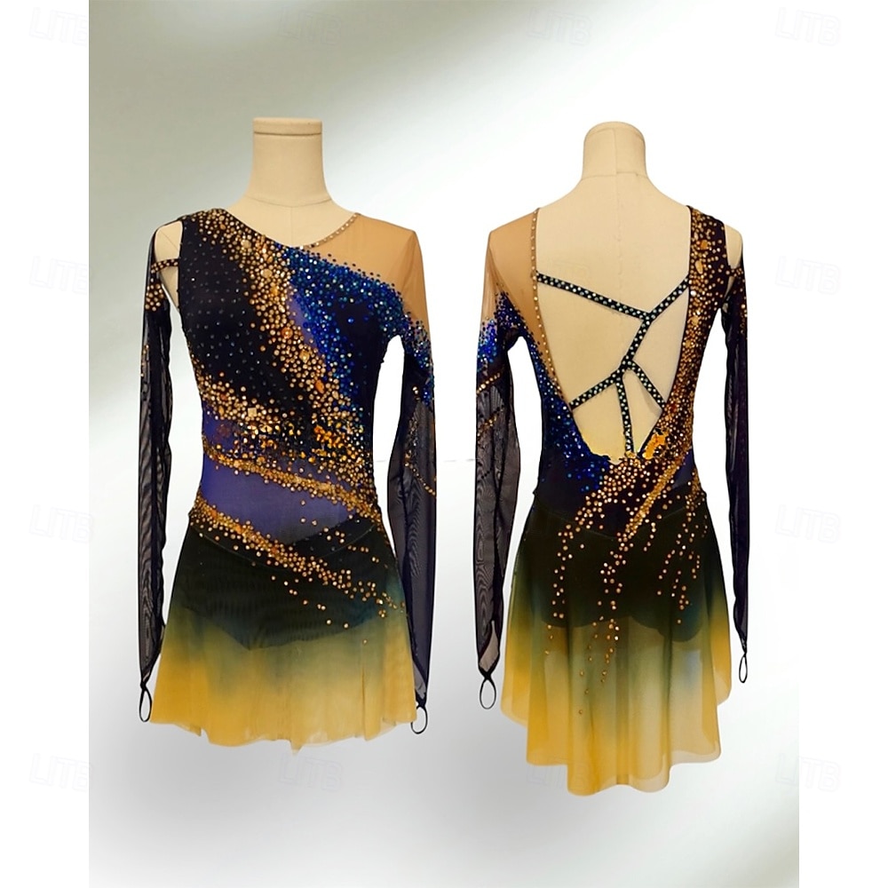 Abito da pattinaggio artistico Per donna Ragazze Pattinaggio sul ghiaccio Vestito Nero / giallo Patchwork Foro per il pollice Spandex Rete Alta elasticità Allenamento Competizione Vestiti da del 2026 a $337.69 –P1