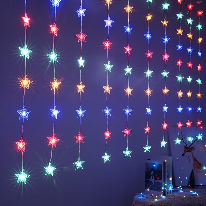 Новые светодиодные занавесные звёздные гирлянды работающие от USB с дистанционным управлением для праздничных гирлянд на террасе на заднем дворе для вечеринки многоцветное освещение 2026 - MXN $997.55 –P10