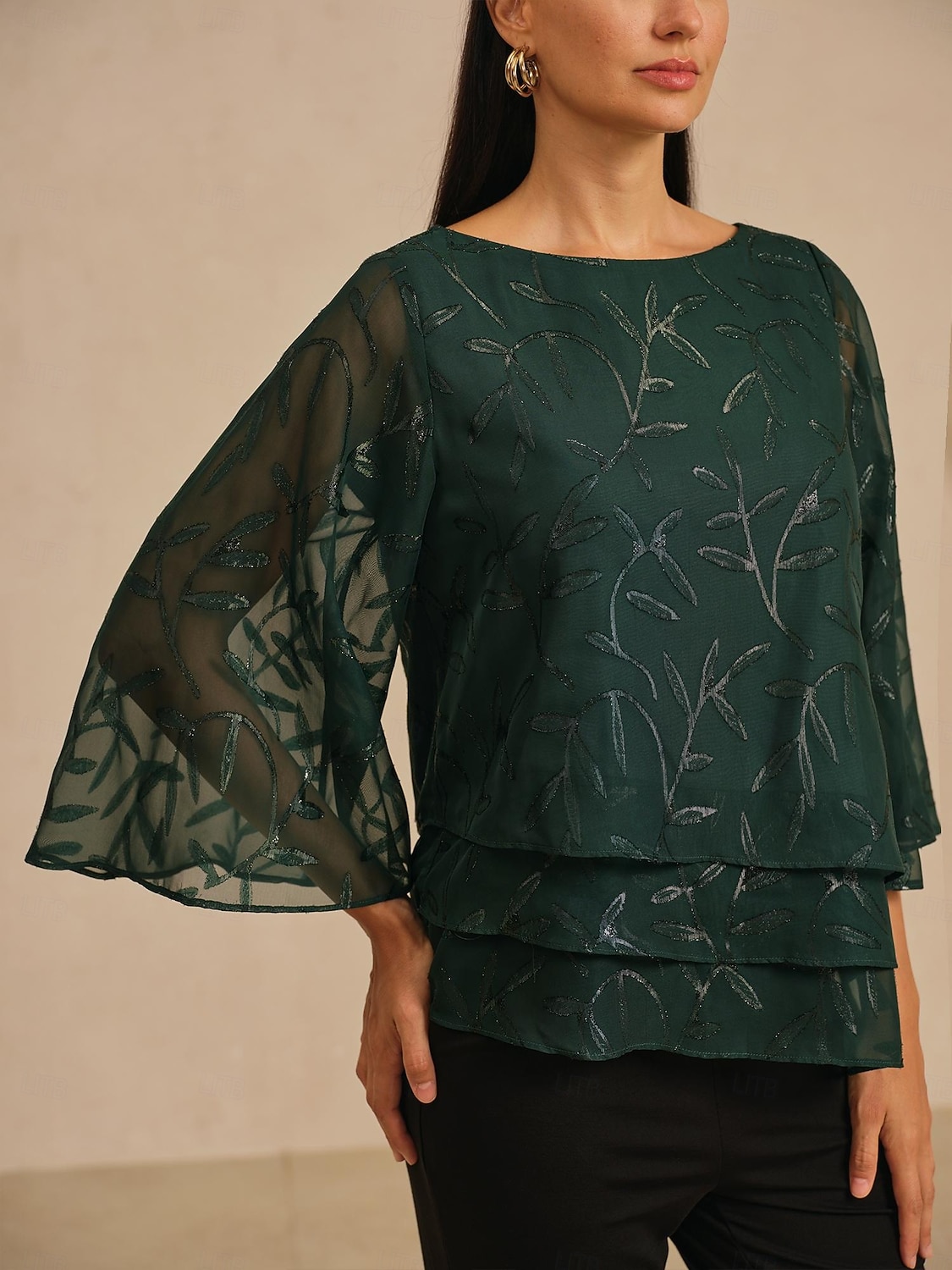 Damenbluse Rundhals Strukturierter Chiffon Burnout Stoff Dreiviertelärmel Ausgestellter Saum Lagensaum Elegant Party Urlaub 2025 - $72.99 –P5