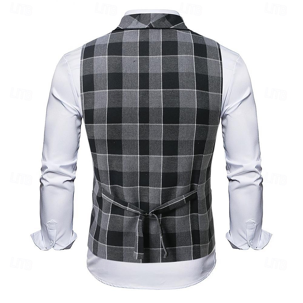 Męskie Kamizelka Strój koktajlowy Formalny Ślub Urlop Biznes Moda Klasyczny Wiosna Jesień Kieszeń Guziki Poliester Wygodny Kratka Guziki jednorzędowe W serek Regularny Czarny Brązowy Khaki Szary 2025 - $42.99 –P12