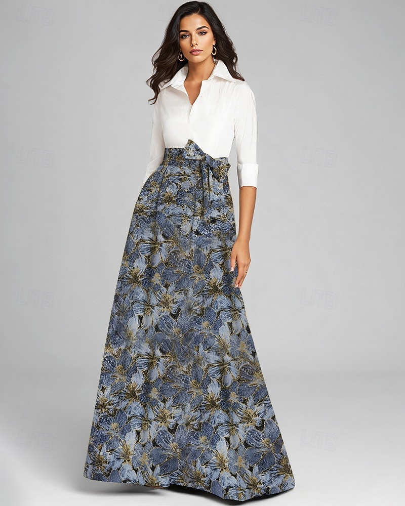 A-Linie Na zem Košilové šaty Šaty pro svatební hosty Formální šaty Šaty pro matku nevěsty Dlouhý rukáv Košilový límec Elegantní Vinobraní Formální Strečová látka s Mašle Barevné bloky 2026 - $186.99 –P4