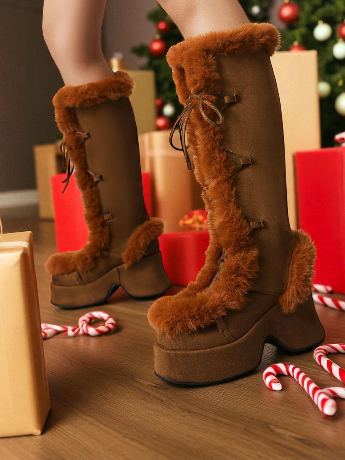 Women's  Platform Christmas Boots with Faux Fur Trim - Chic Holiday Style, Perfect for Christmas Parties and Winter Celebrations 2025 - $89.99 –P4