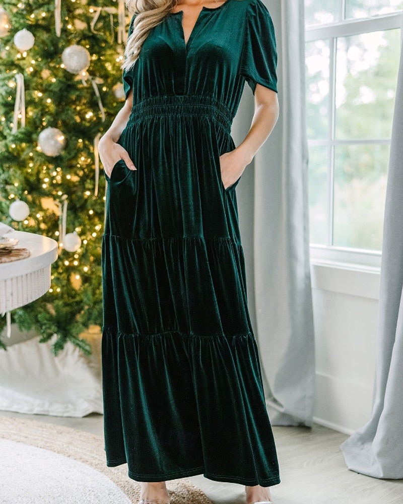 Női Midi ruha Karácsonyi ruha Bársony ruha Party ruha Koktélruha Elegáns Modern Parti Születésnap Estély Normál Sima Rövid ujjú V-alakú Bor Katonai zöld Sötétkék Sötétzöld Tavasz Ősz 2025 - $41.99 –P5