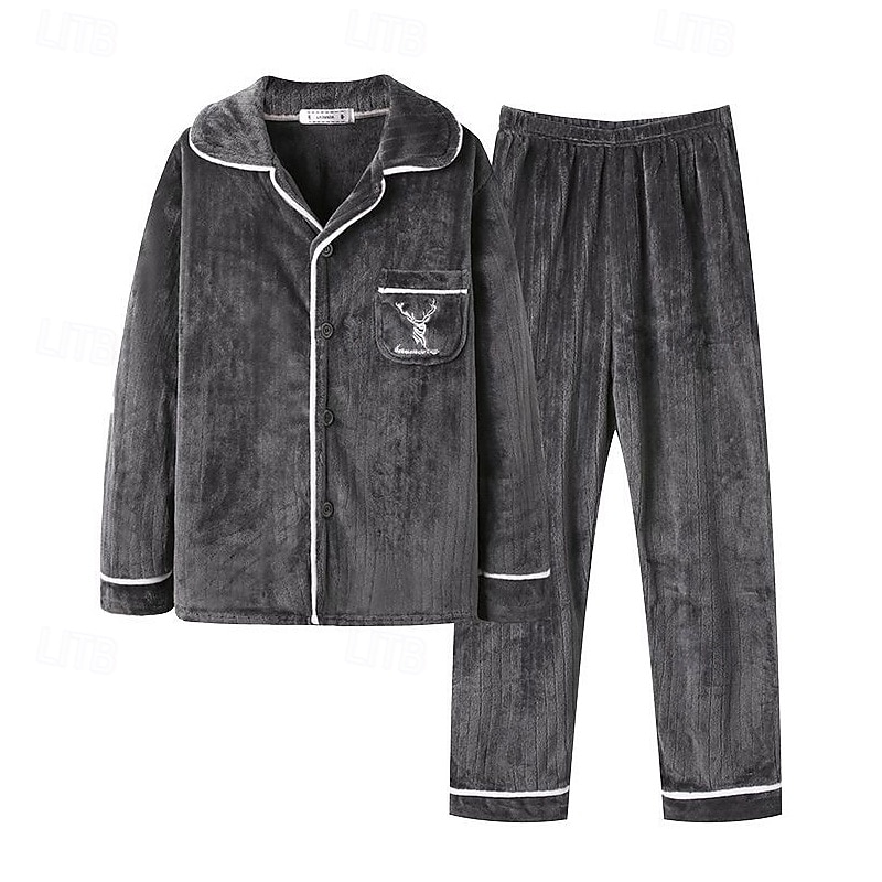 Homens Roupa de Dormir Conjunto de Pijama Top e calça de pijama 1conjunto Cada Moda à moda Clássico Casa Diário De Cama Sherpa Poliéster Térmico / Quente Conforto Macio Lapela Manga Longa Calça de 2026 por $38.99 –P1