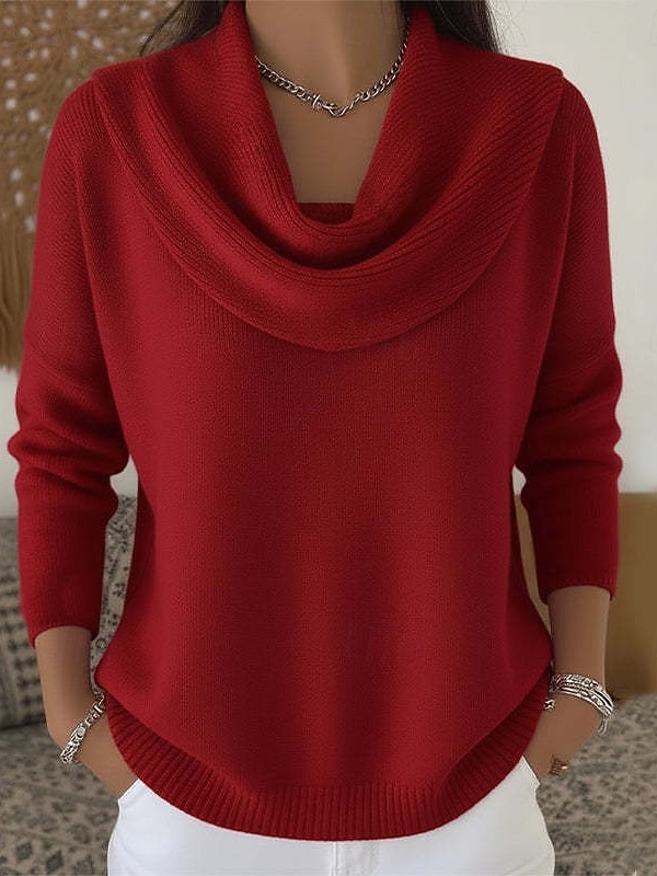Women's Sweater Elegant Casual Soft Pure Color Ribbed Cowl Knitted Long Sleeve Regular Tops Knit Daily Outdoor Weekend Red Fall Winter 2026 - $36.99 –P1