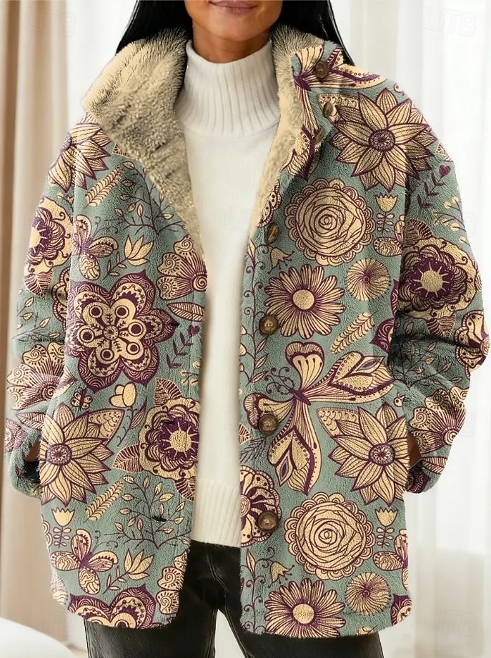 Women's Blazer Warm Comfortable Buttons Vintage Fashion Modern Casual Floral Vacation Home Casual Daily Short Stand Collar Regular Fit Long Sleeve Outerwear Black Dark Green Purple Fall Winter 2026 - $43.99 –P2