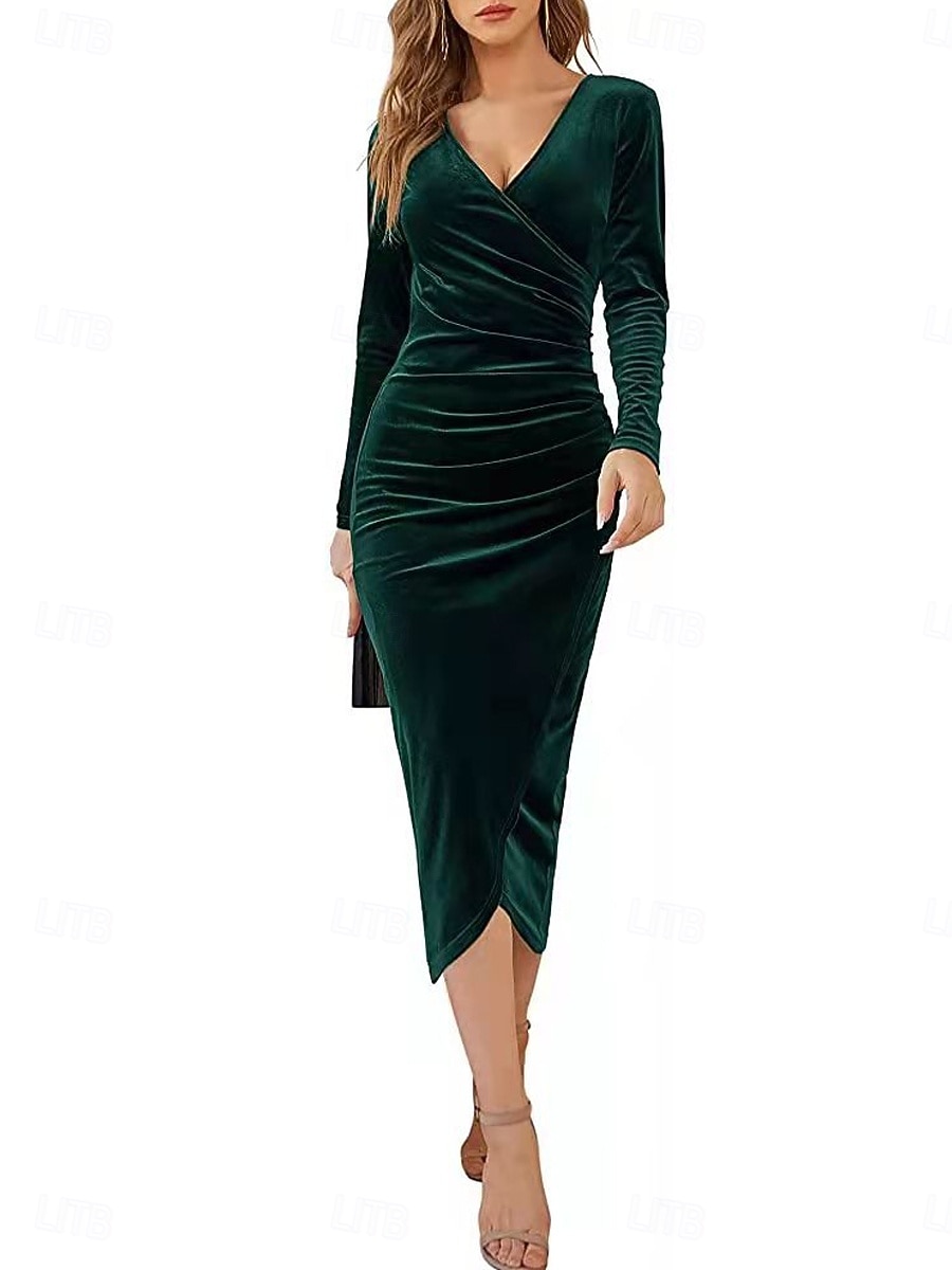 Damen Samt Midi Kleid Etuikleid Wickelkleid A-Linie Kleid Party Cocktail Party Hochzeitsgast Reguläre Passform Einfarbig Langarm V-Ausschnitt Schwarz Lila Grün Herbst Winter 2026 - $31.99 –P10