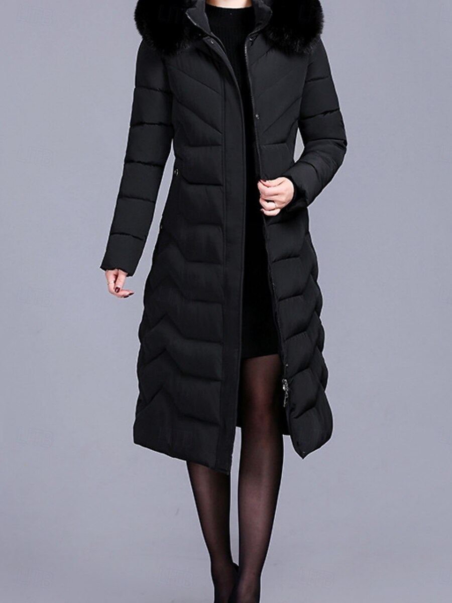 Dam Anorak Bekväm Andningsfunktion Dragkedja Ficka Knappar Pälskrage Ledigt Slät Semester Gata Ledigt Dagliga kläder Dragkedja Lång Huva Normal Långärmad Ytterkläder Svart Vin Rubinrött Vår Höst 2025 - $71.99 –P2