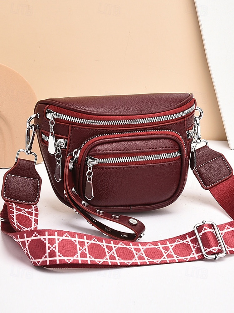 Borsa a tracolla da donna in similpelle bordeaux con tasche multiple con cerniera, tracolla larga e finiture argentate, elegante borsa da viaggio a mani libere per l'uso quotidiano e per gli outfit delle vacanze natalizie del 2026 a $24.99 –P4