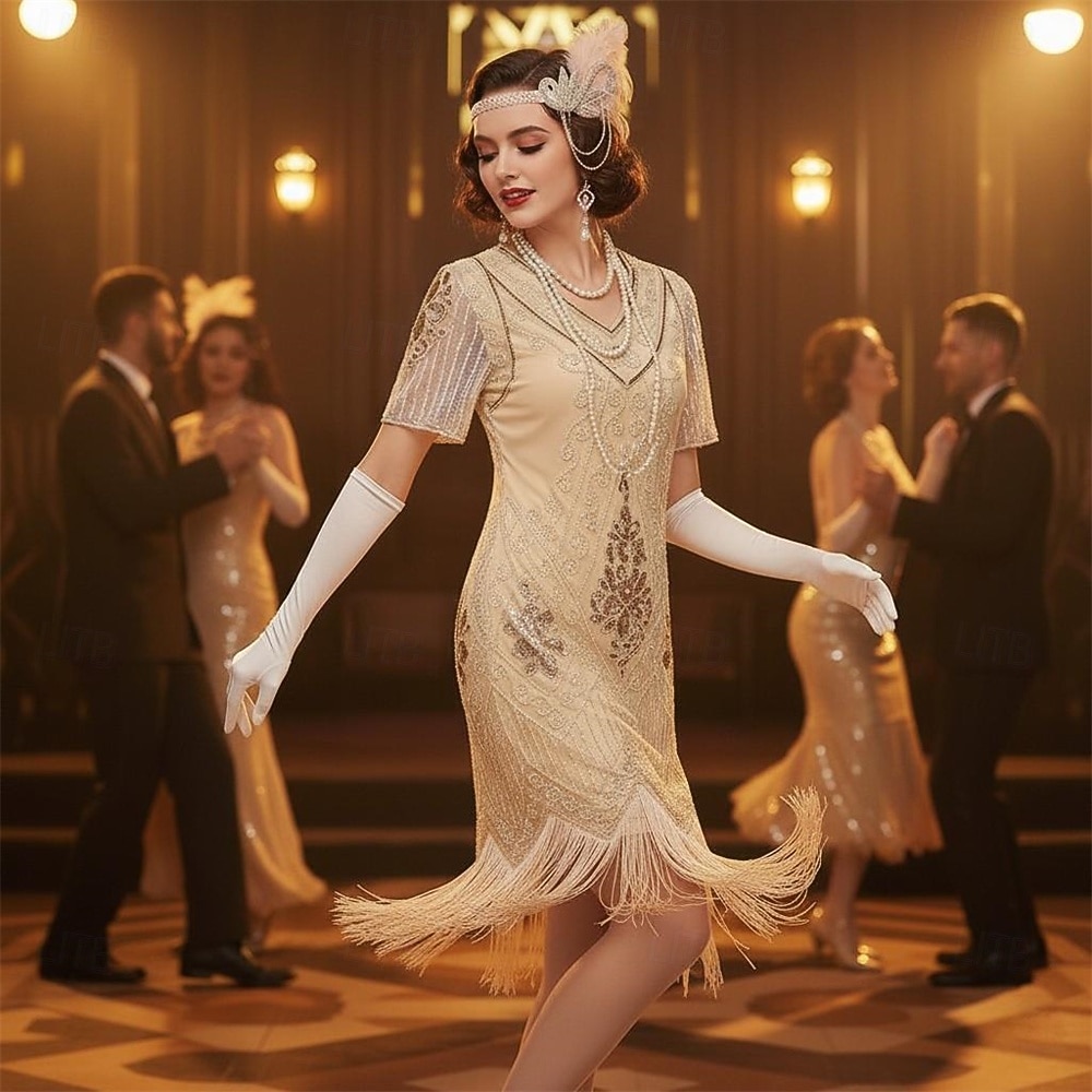 Set Anni Ruggenti Anni 1920 Lunghezza al ginocchio Abito Flapper Abito da cocktail Costume di fantasia con accessori Maniche corte Il grande Gatsby Ragazza Flapper Paillettes Frangia con nappe Scollo del 2026 a $57.99 –P4