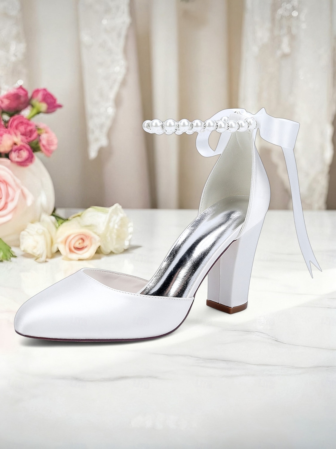 dame oransje sateng pumps med blokkhæl og perlemor &bånd ankelstropp - elegante spisse høyhælte sko til bryllup, fester &kveldsarrangementer 2026 - $69.99 –P2