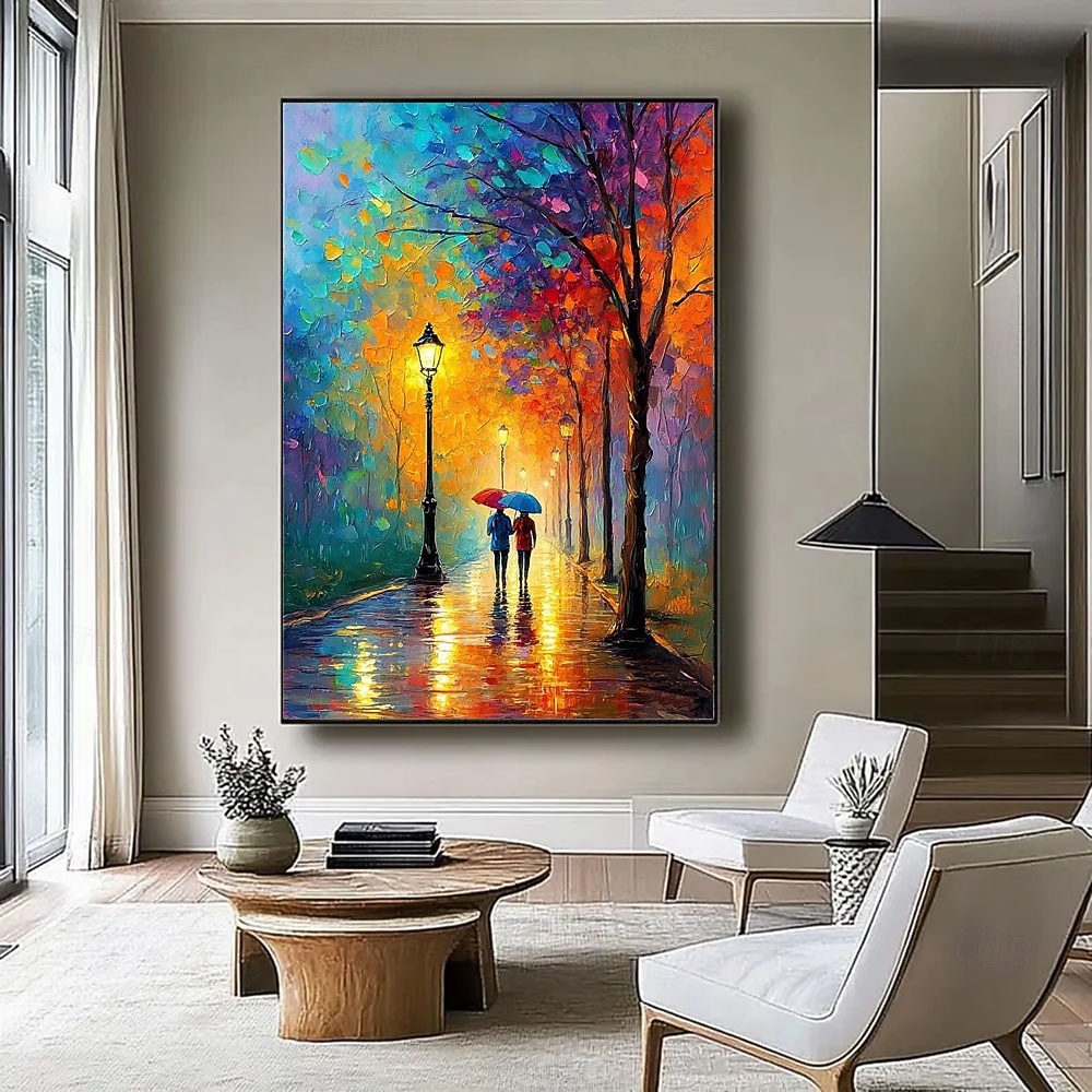 prezent świąteczny ręcznie malowany obraz olejny kolorowy spacer po mieście malarstwo na płótnie romantyczna para sztuka abstrakcyjne płótno deszczowe światła uliczne dekoracja ścienna nowoczesny 2026 - $67.99 –P1
