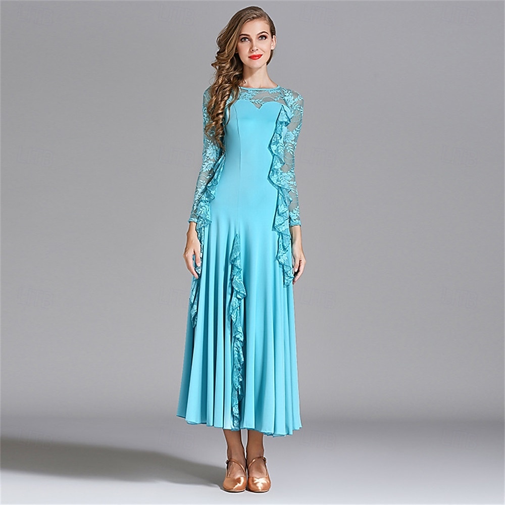 Abito da ballo da sala con dettagli in pizzo per donna - abito a trapezio a maniche lunghe con dettagli arricciati per competizioni, balli latini ed eventi di danza - azzurro del 2026 a $125.99 –P1