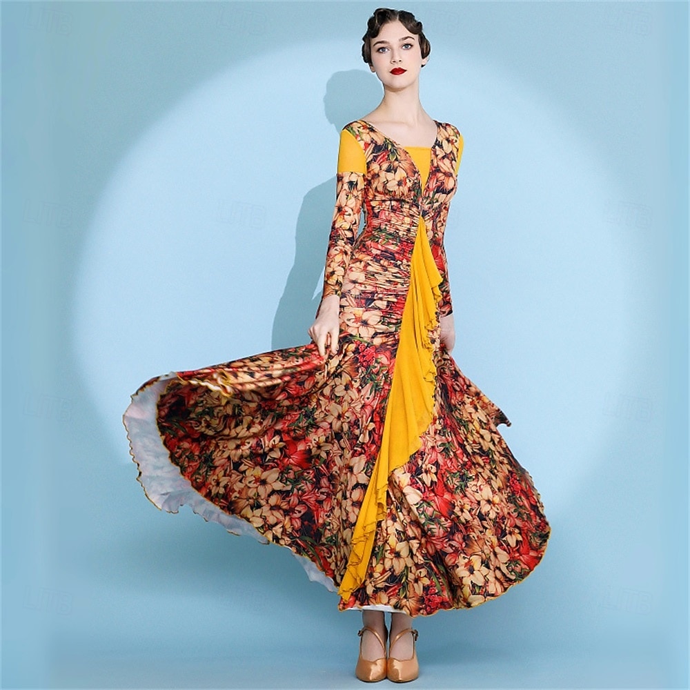 abito da ballo da sala con stampa floreale per donna - abito a trapezio con maniche lunghe e accenti gialli per competizioni, latino americani ed eventi di danza - rosso&amp;floreale del 2026 a $127.99 –P4