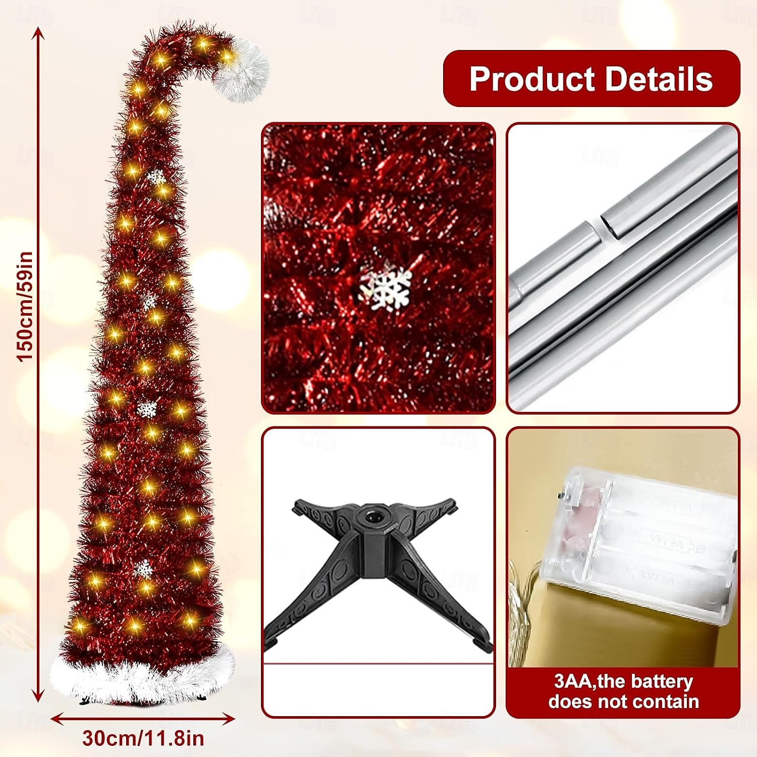 Christmas red Christmas hat tilted head Christmas tree 5M 50Leds warm light string indoor living room study staircase holiday atmosphere decoration prop 1.5M/5FT AAA battery box 2025 - CAD $46.99 –P8