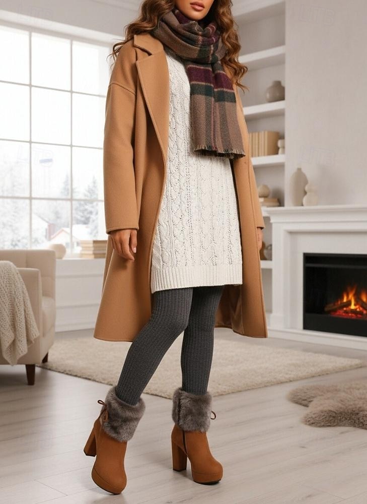 Ghete de damă cu platformă, din blană artificială, din piele întoarsă de culoare cămilă, cu detalii de legături și toc gros - ghete de iarnă călduroase și elegante, pentru purtare zilnică și de sărbători 2026 - $46.99 –P1