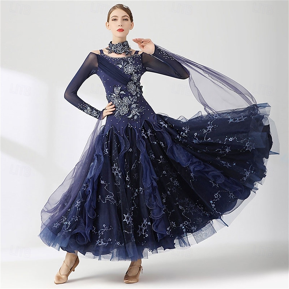 Dámské šaty na společenský tanec s kamínky, hvězdnou výšivkou, vrstvená organza, elegantní, na valčík, tango, foxtrot – tmavě modré 2026 - $404.49 –P6